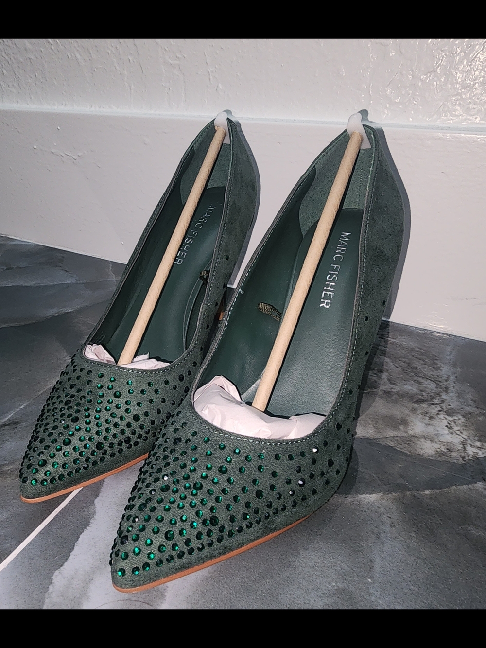 Marc Fisher Emerald Green Crystal-Embellished Pointed Pumps